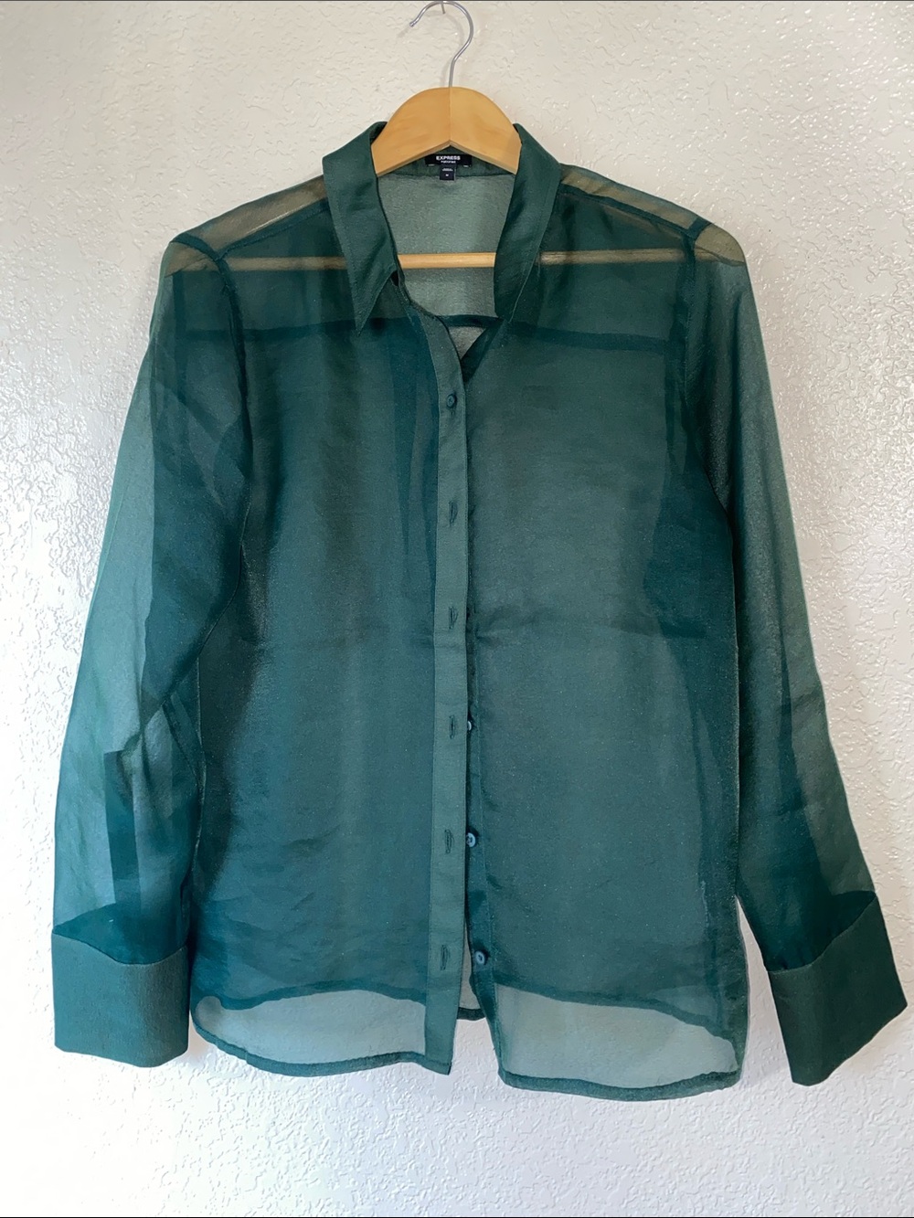 Express Dark Green Sheer Button-Down Shirt